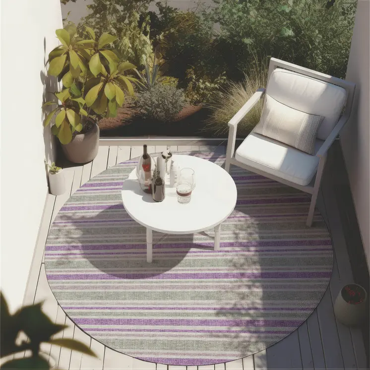 8' X 8' Purple Gray and White Round Striped Washable Non Skid Indoor Outdoor Area Rug