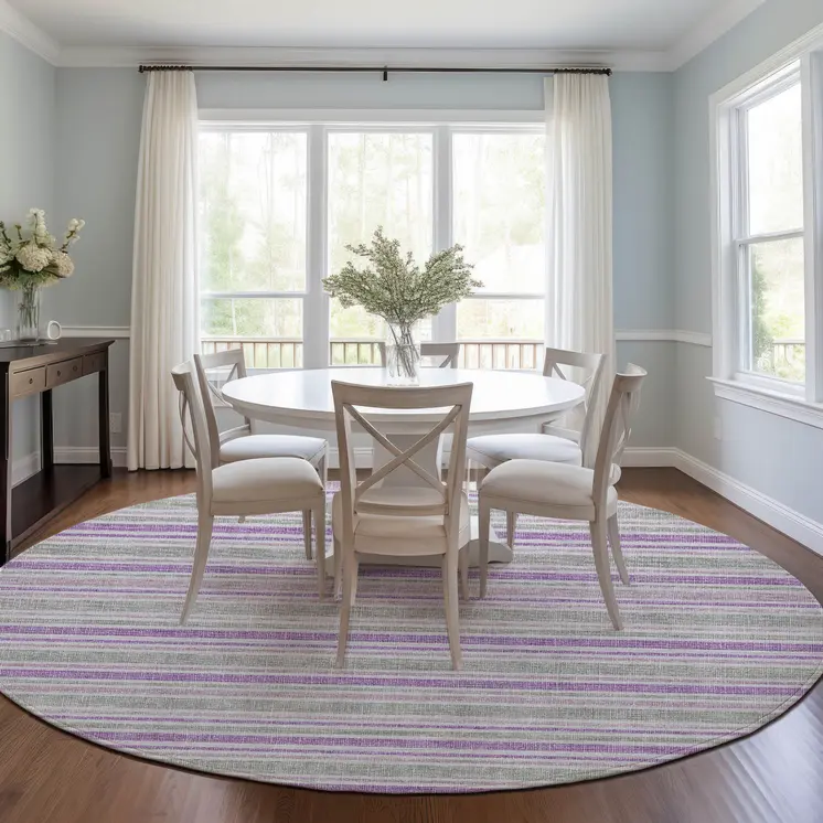 8' X 8' Purple Gray and White Round Striped Washable Non Skid Indoor Outdoor Area Rug