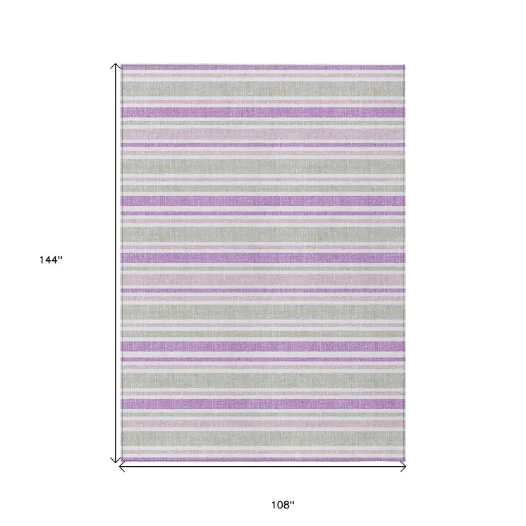 9' X 12' Purple Gray and White Striped Washable Non Skid Indoor Outdoor Area Rug