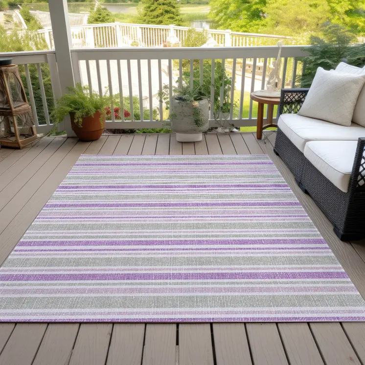 9' X 12' Purple Gray and White Striped Washable Non Skid Indoor Outdoor Area Rug