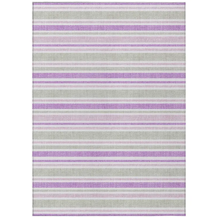 9' X 12' Purple Gray and White Striped Washable Non Skid Indoor Outdoor Area Rug