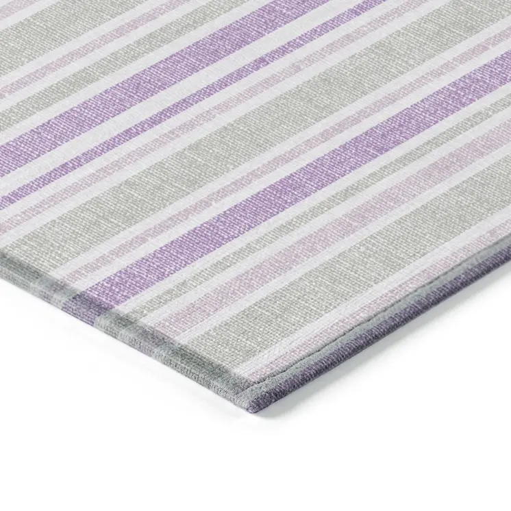 9' X 12' Purple Gray and White Striped Washable Non Skid Indoor Outdoor Area Rug