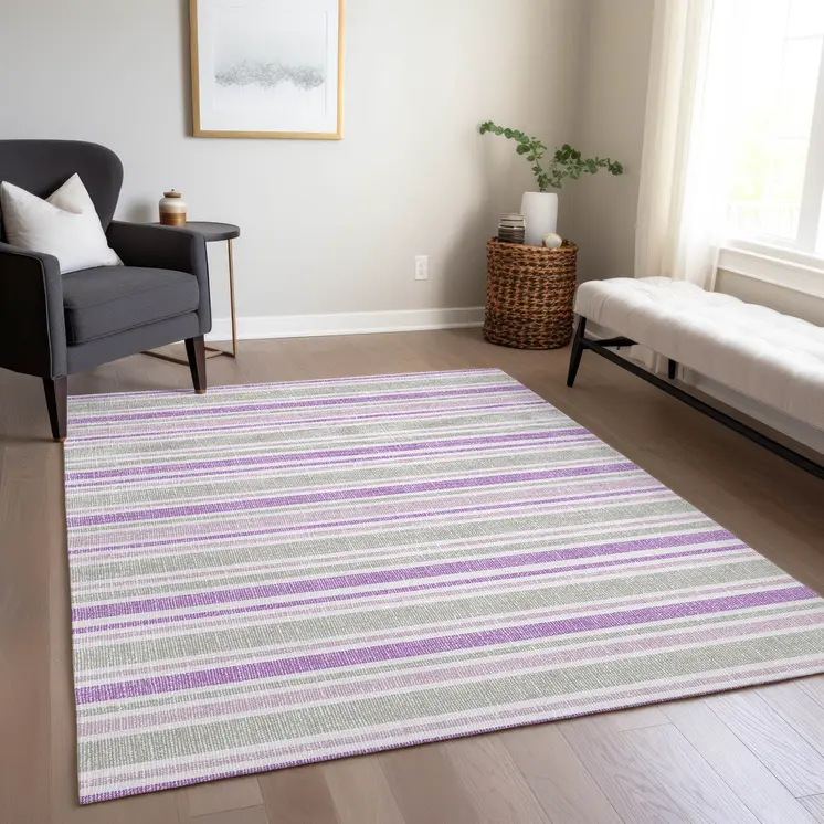 9' X 12' Purple Gray and White Striped Washable Non Skid Indoor Outdoor Area Rug