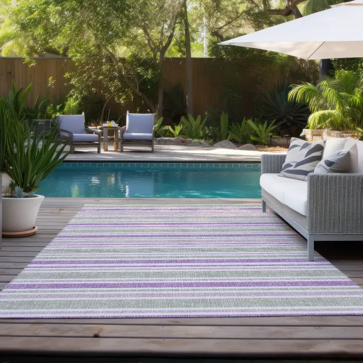 9' X 12' Purple Gray and White Striped Washable Non Skid Indoor Outdoor Area Rug