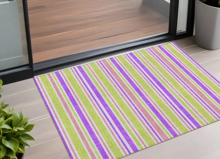 2' X 3' Purple Green and Pink Striped Washable Non Skid Indoor Outdoor Area Rug