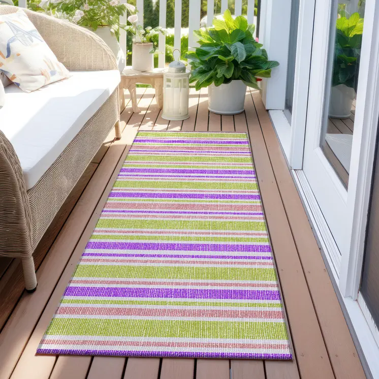2' X 8' Purple Green and Pink Striped Washable Non Skid Indoor Outdoor Runner Rug