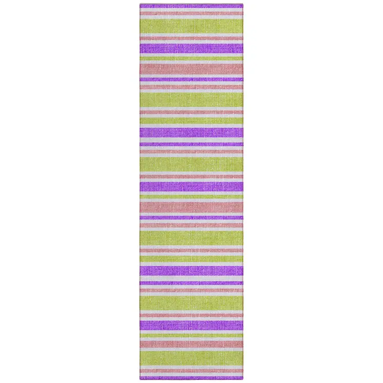 2' X 8' Purple Green and Pink Striped Washable Non Skid Indoor Outdoor Runner Rug