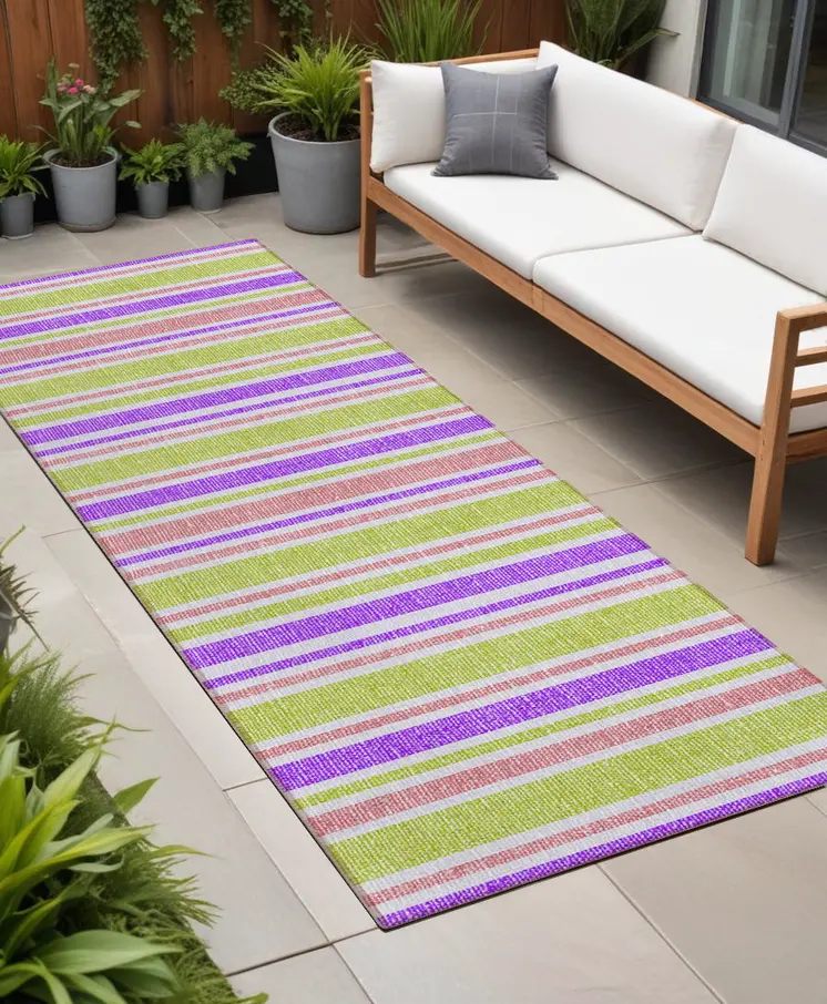 2' X 8' Purple Green and Pink Striped Washable Non Skid Indoor Outdoor Runner Rug