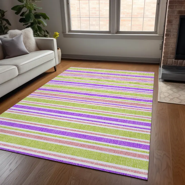 3' X 5' Purple Green and Pink Striped Washable Non Skid Indoor Outdoor Area Rug