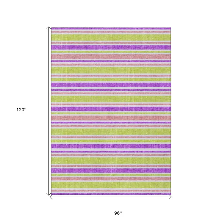 8' X 10' Purple Green and Pink Striped Washable Non Skid Indoor Outdoor Area Rug