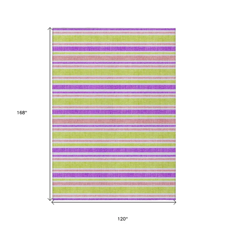 10' X 14' Purple Green and Pink Striped Washable Non Skid Indoor Outdoor Area Rug