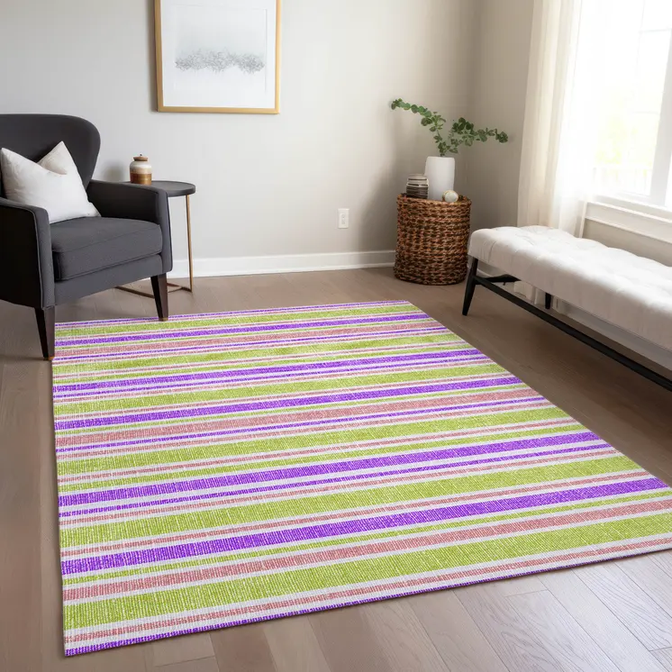 10' X 14' Purple Green and Pink Striped Washable Non Skid Indoor Outdoor Area Rug