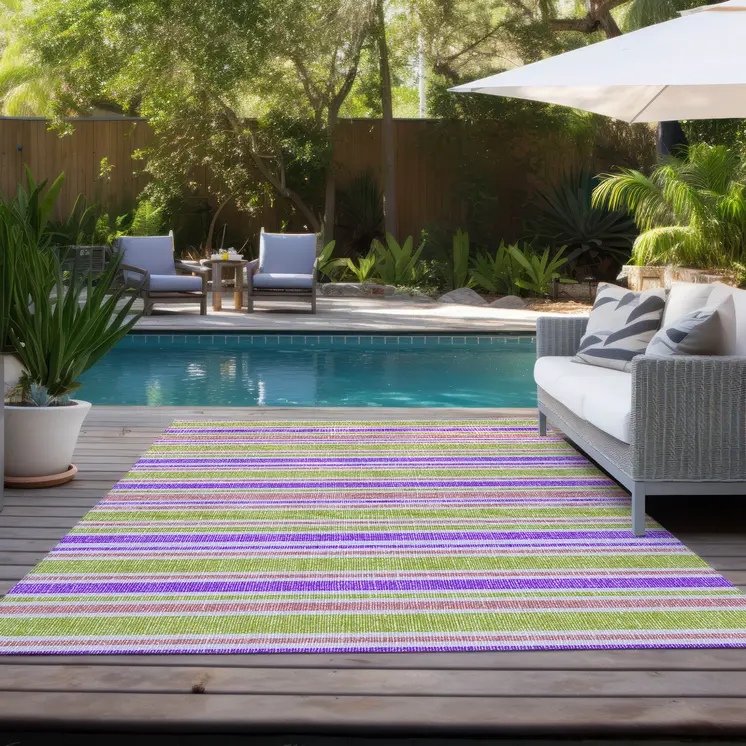 10' X 14' Purple Green and Pink Striped Washable Non Skid Indoor Outdoor Area Rug