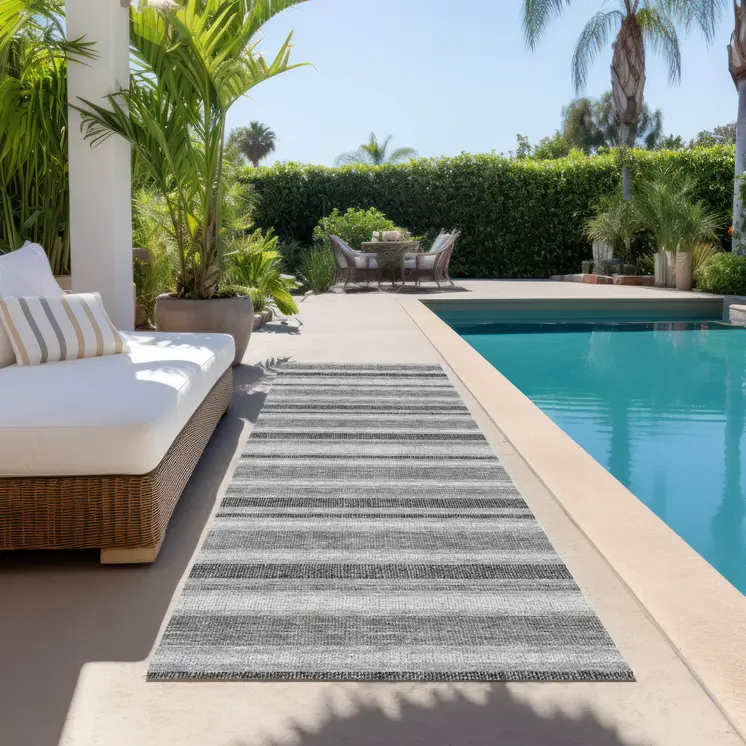 2' X 8' Black Silver and Gray Striped Washable Indoor Outdoor Runner Rug