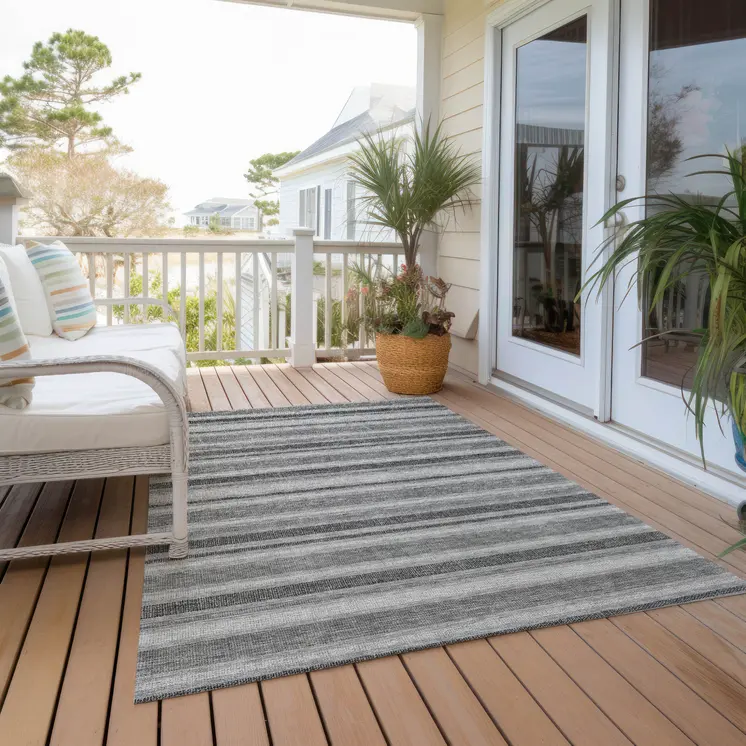 9' X 12' Black Silver and Gray Striped Washable Indoor Outdoor Area Rug