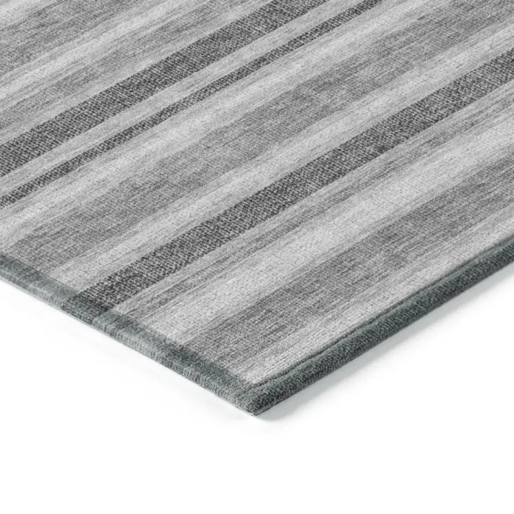 9' X 12' Black Silver and Gray Striped Washable Indoor Outdoor Area Rug