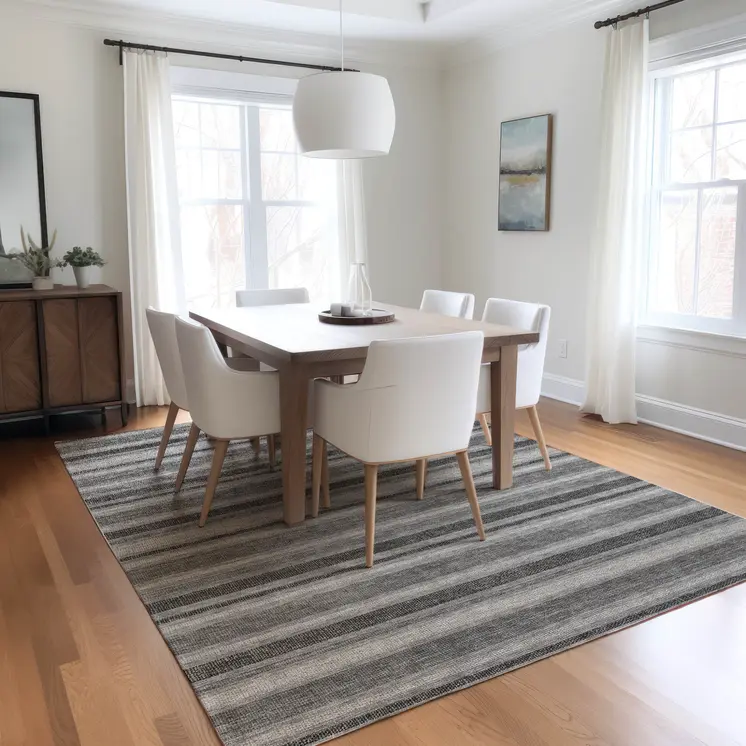 9' X 12' Black Silver and Gray Striped Washable Indoor Outdoor Area Rug