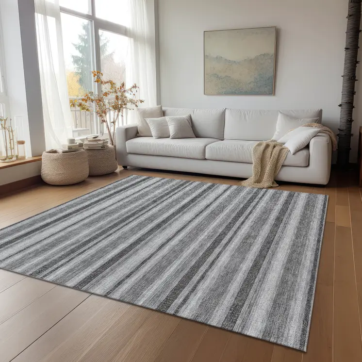 9' X 12' Black Silver and Gray Striped Washable Indoor Outdoor Area Rug