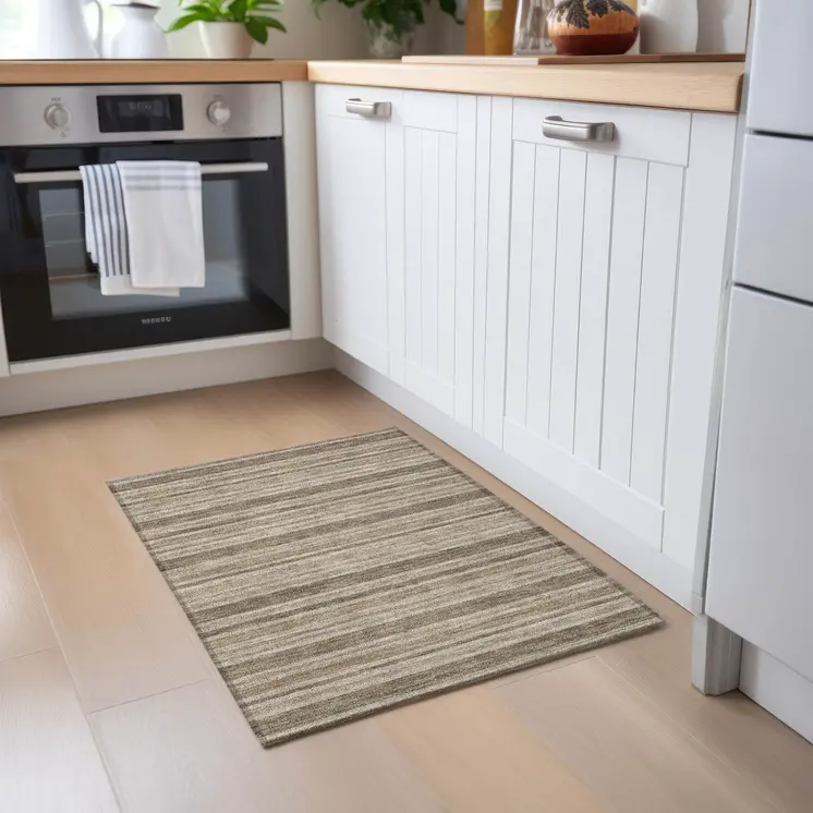 2' X 3' Taupe Striped Washable Indoor Outdoor Area Rug