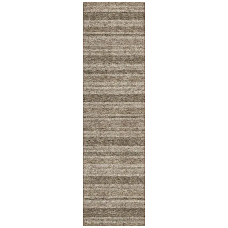 2' X 8' Taupe Striped Washable Indoor Outdoor Runner Rug