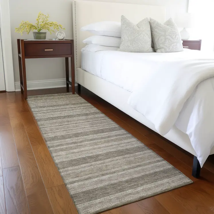 2' X 8' Taupe Striped Washable Indoor Outdoor Runner Rug