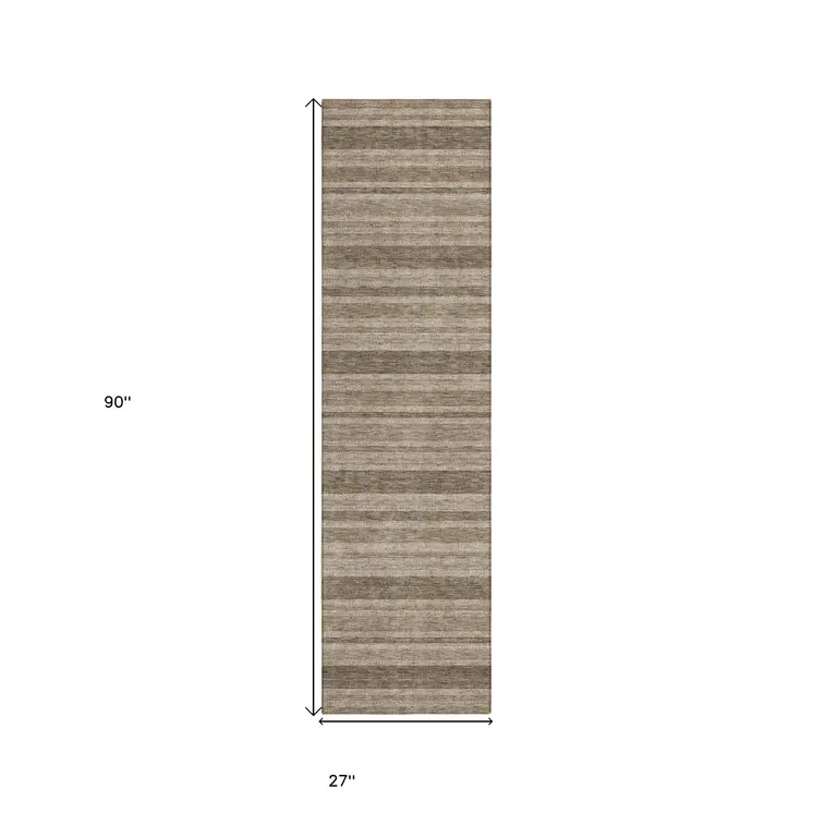2' X 8' Taupe Striped Washable Indoor Outdoor Runner Rug