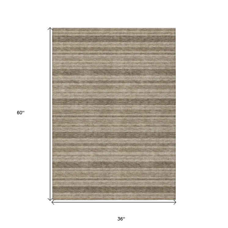 3' X 5' Taupe Striped Washable Indoor Outdoor Area Rug