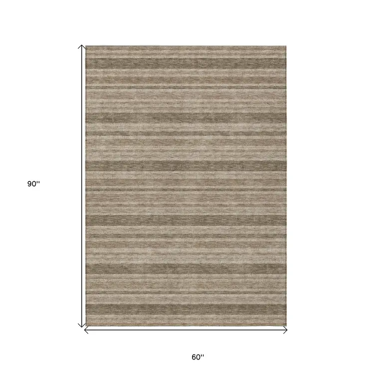 5' X 8' Taupe Striped Washable Indoor Outdoor Area Rug