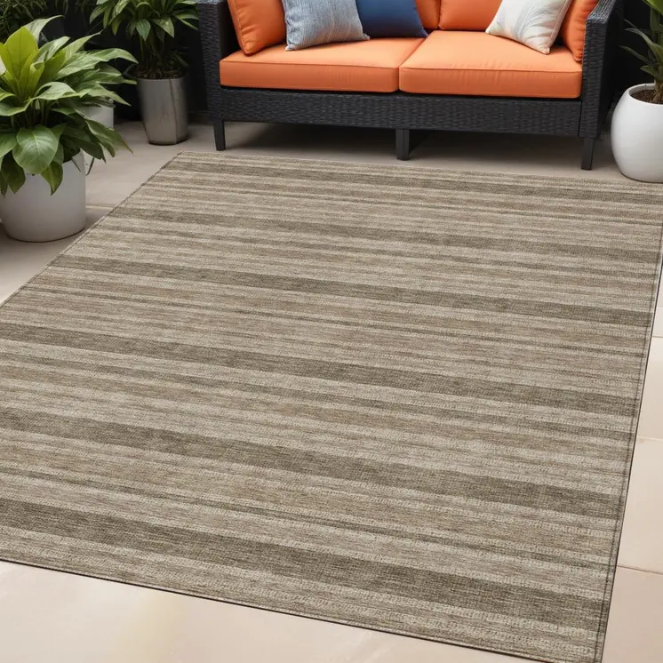 5' X 8' Taupe Striped Washable Indoor Outdoor Area Rug