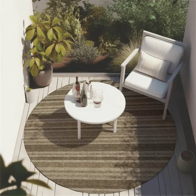 8' X 8' Taupe Round Striped Washable Indoor Outdoor Area Rug