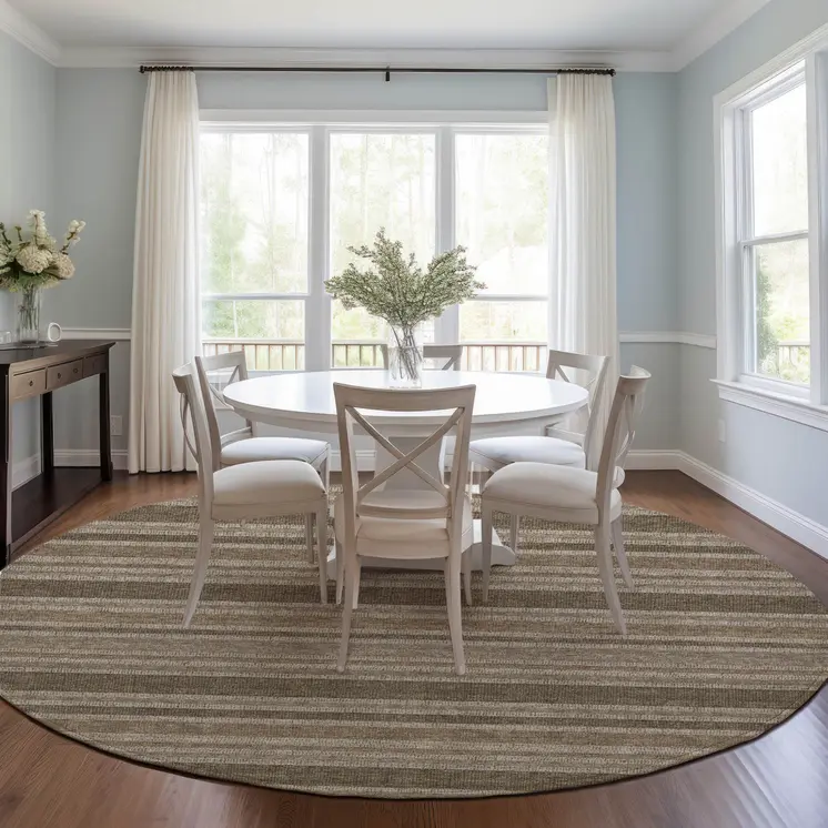 8' X 8' Taupe Round Striped Washable Indoor Outdoor Area Rug