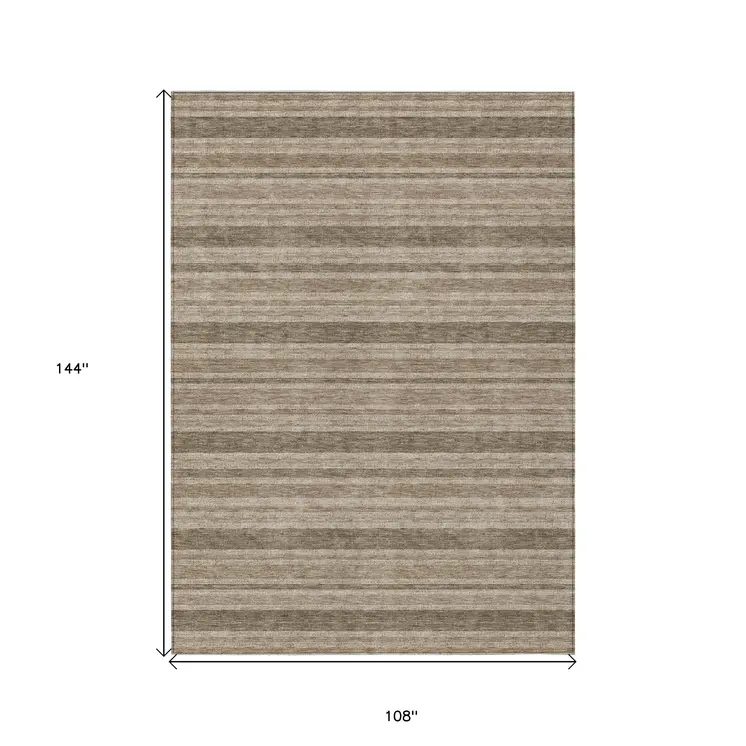 9' X 12' Taupe Striped Washable Indoor Outdoor Area Rug