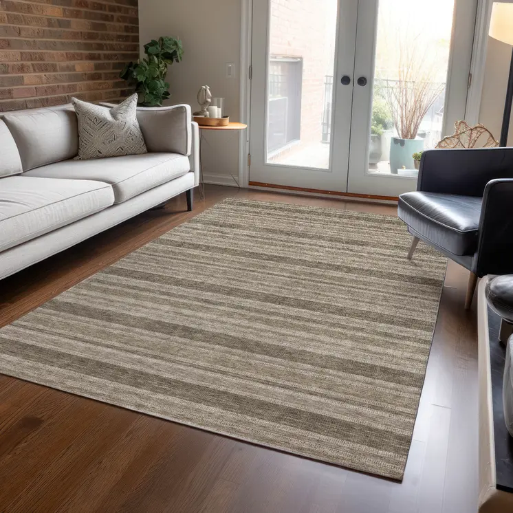 10' X 14' Taupe Striped Washable Non Skid Indoor Outdoor Area Rug