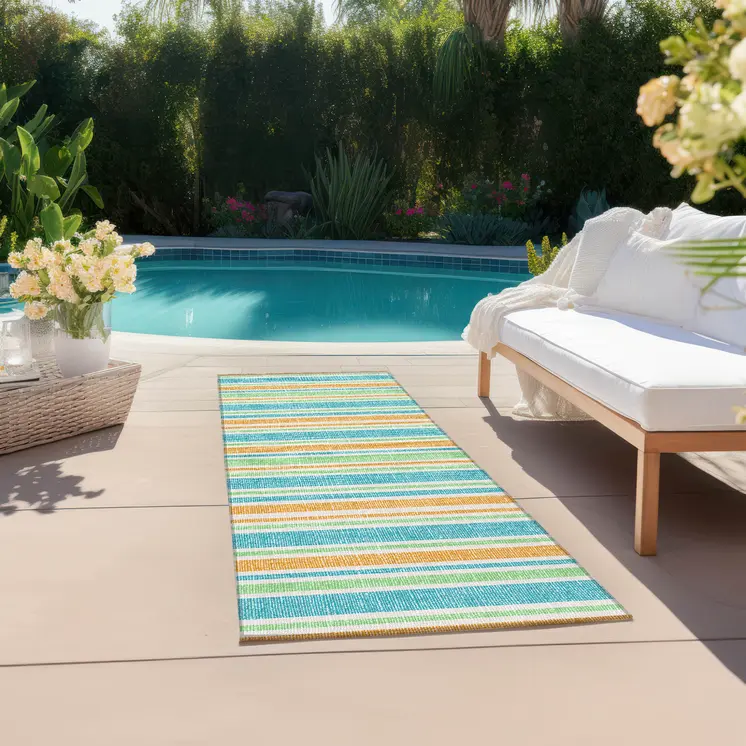 2' X 8' Teal Yellow and Green Striped Washable Non Skid Indoor Outdoor Runner Rug