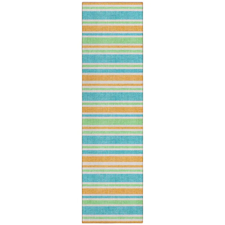 2' X 8' Teal Yellow and Green Striped Washable Non Skid Indoor Outdoor Runner Rug