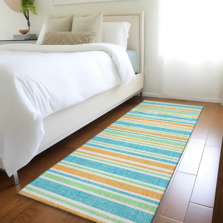 2' X 8' Teal Yellow and Green Striped Washable Non Skid Indoor Outdoor Runner Rug