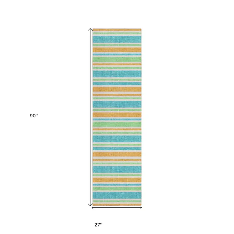 2' X 8' Teal Yellow and Green Striped Washable Non Skid Indoor Outdoor Runner Rug