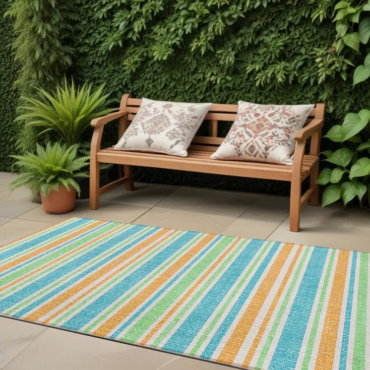 2' X 8' Teal Yellow and Green Striped Washable Non Skid Indoor Outdoor Runner Rug
