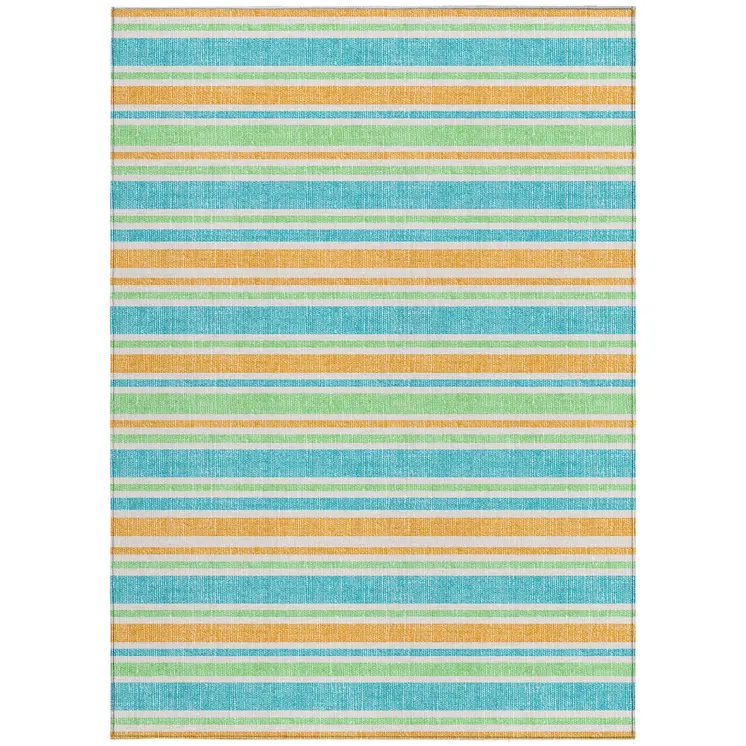 3' X 5' Teal Yellow and Green Striped Washable Non Skid Indoor Outdoor Area Rug