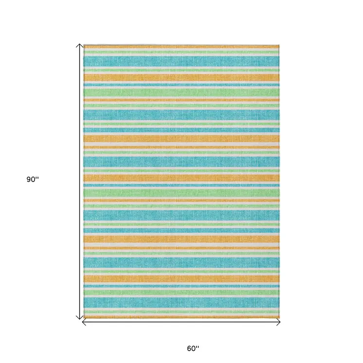 5' X 8' Teal Yellow and Green Striped Washable Non Skid Indoor Outdoor Area Rug