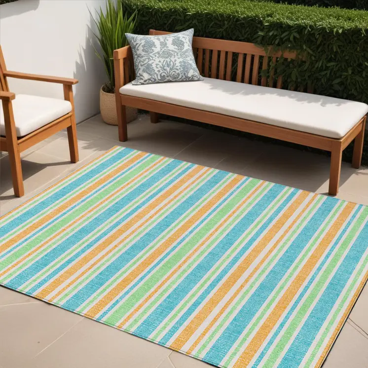 5' X 8' Teal Yellow and Green Striped Washable Non Skid Indoor Outdoor Area Rug