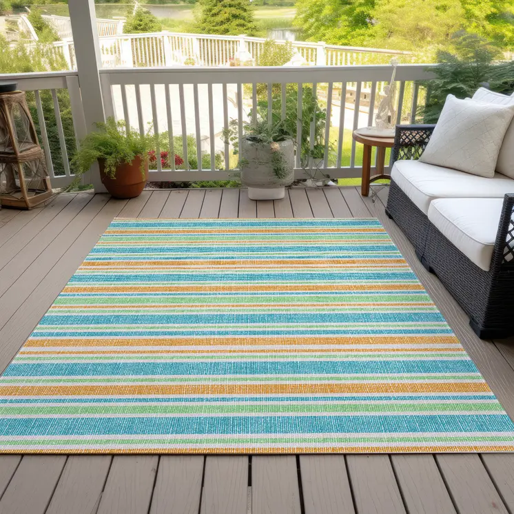 5' X 8' Teal Yellow and Green Striped Washable Non Skid Indoor Outdoor Area Rug