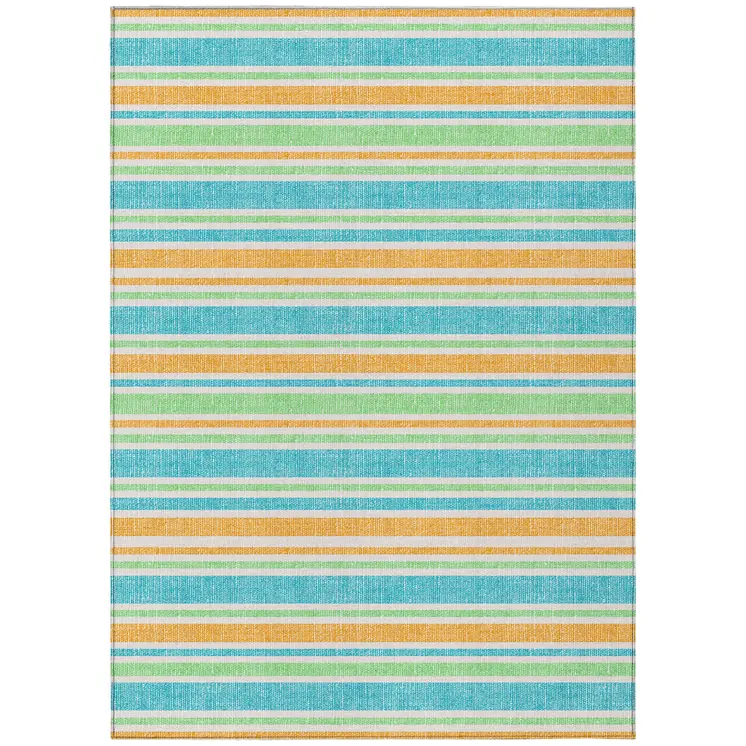 5' X 8' Teal Yellow and Green Striped Washable Non Skid Indoor Outdoor Area Rug