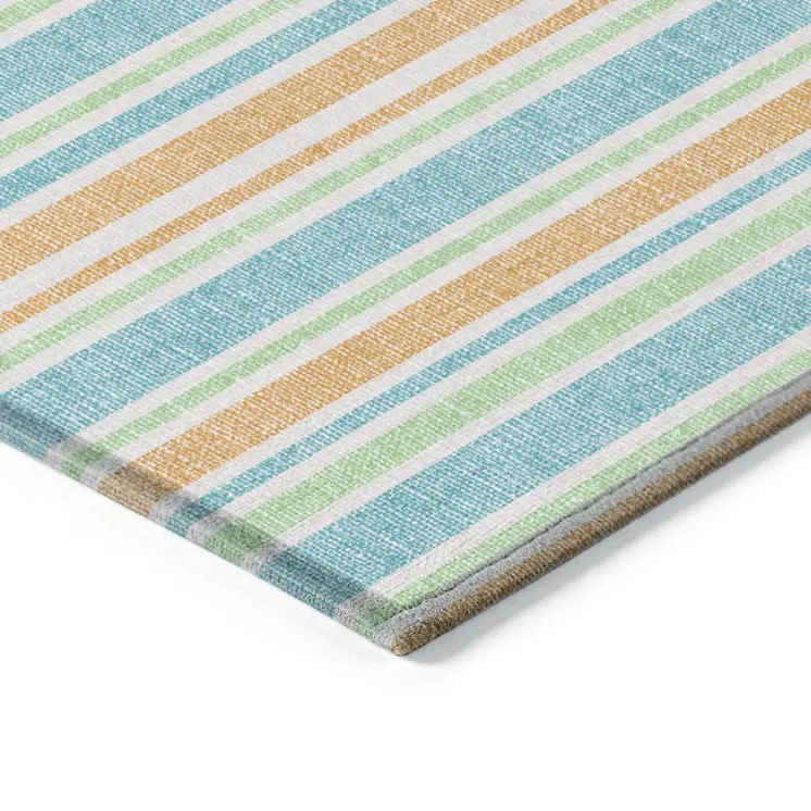 5' X 8' Teal Yellow and Green Striped Washable Non Skid Indoor Outdoor Area Rug