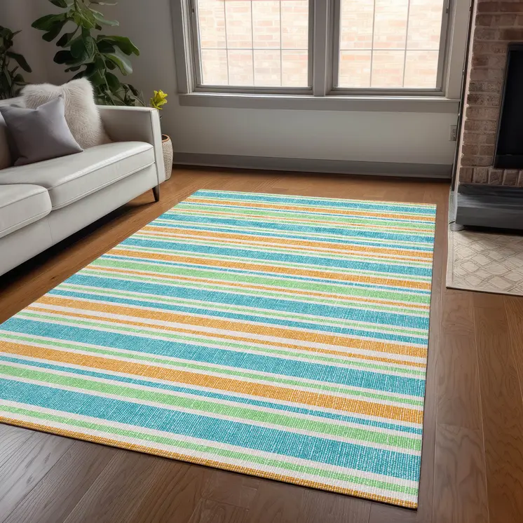 5' X 8' Teal Yellow and Green Striped Washable Non Skid Indoor Outdoor Area Rug