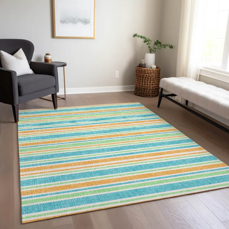 5' X 8' Teal Yellow and Green Striped Washable Non Skid Indoor Outdoor Area Rug