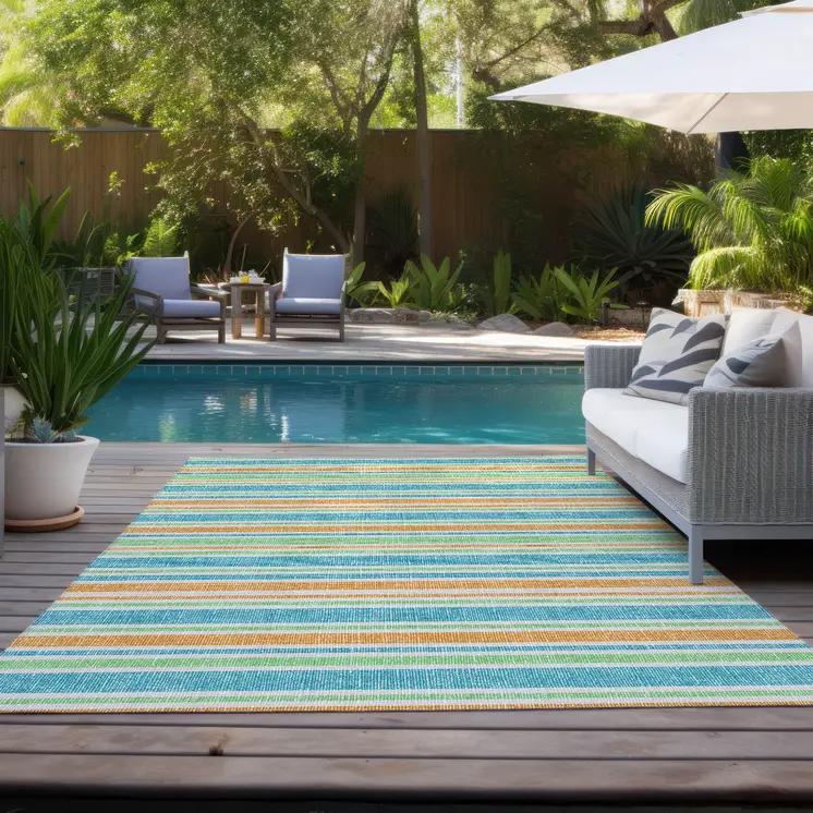 5' X 8' Teal Yellow and Green Striped Washable Non Skid Indoor Outdoor Area Rug