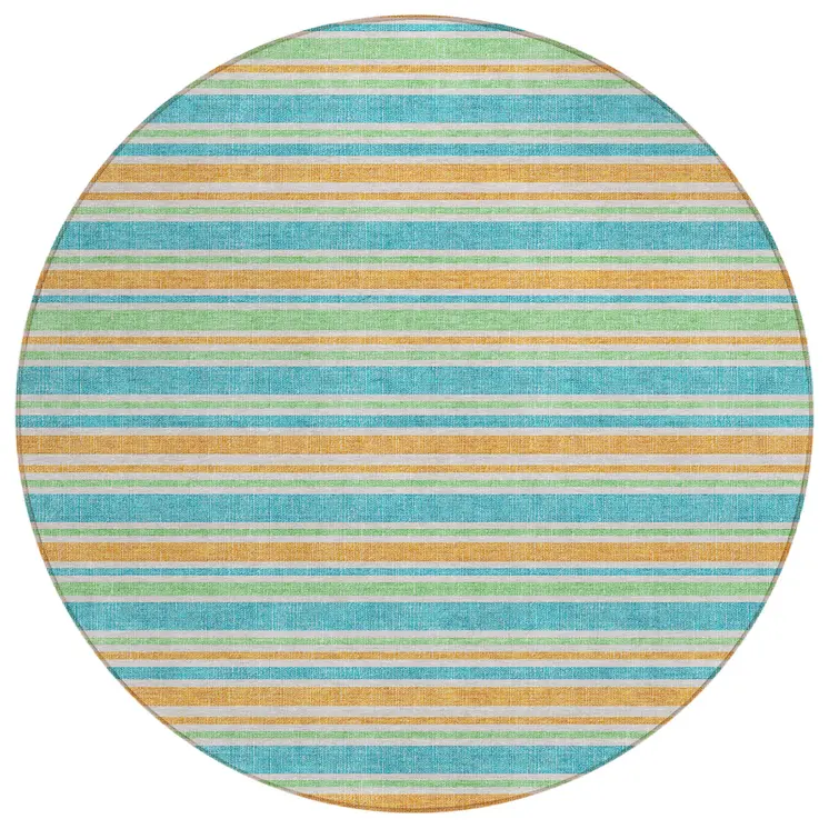 8' X 8' Teal Yellow and Green Round Striped Washable Non Skid Indoor Outdoor Area Rug