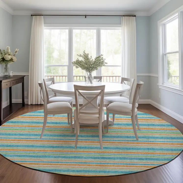 8' X 8' Teal Yellow and Green Round Striped Washable Non Skid Indoor Outdoor Area Rug
