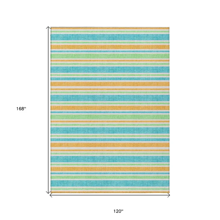 10' X 14' Teal Yellow and Green Striped Washable Non Skid Indoor Outdoor Area Rug